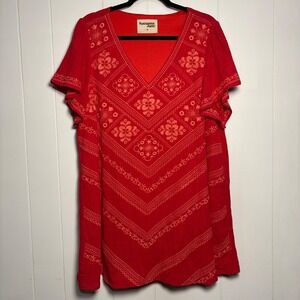 Savanna Jane Red Embroidered V-Neck Flutter Sleeve Shift Dress Plus 1X Boho